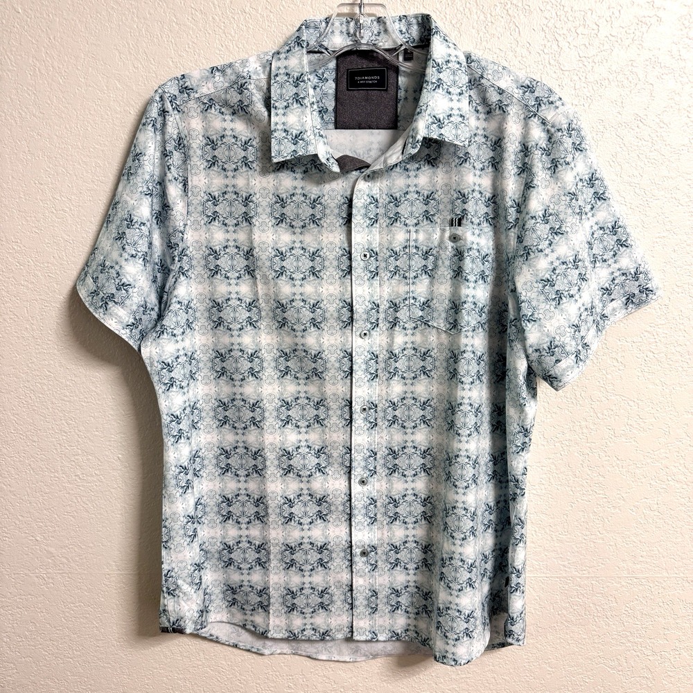 7 Diamonds Shirt Mens XL Blue 4 Way Stretch Geometric‎ Button Down Short Sleeve